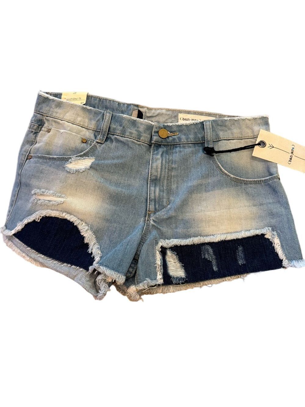 Blue Distressed Jean Shorts with Frayed Hem
